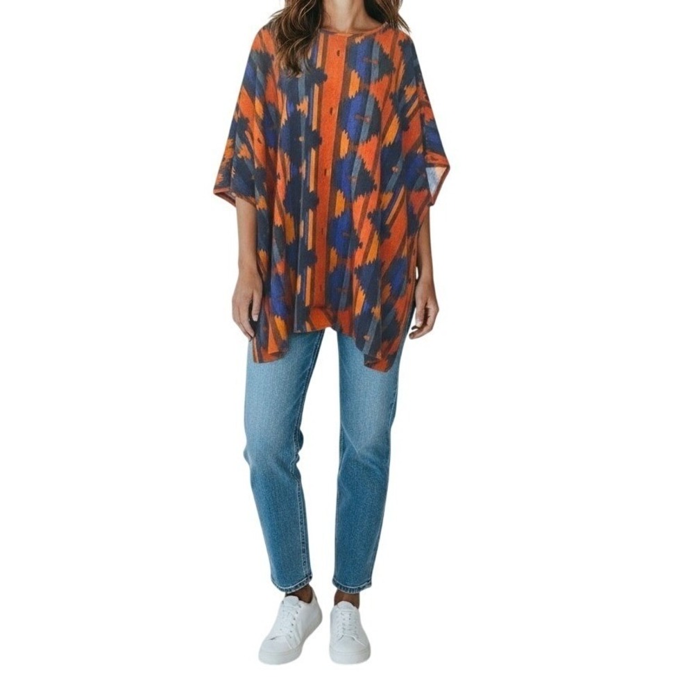 Southwest Ikat‎ Poncho One Size Orange Navy Blue Boho Oversized Wrap Casual OSFM